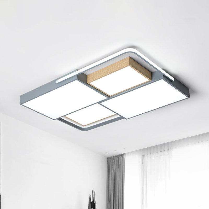 Nordic Led Ceiling Light - 20.5’ X 34’ Acrylic Grey & Wood Flush Mount With Grid Design Warm/White