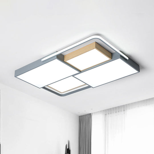 Nordic Led Ceiling Light - 20.5’ X 34’ Acrylic Grey & Wood Flush Mount With Grid Design Warm/White