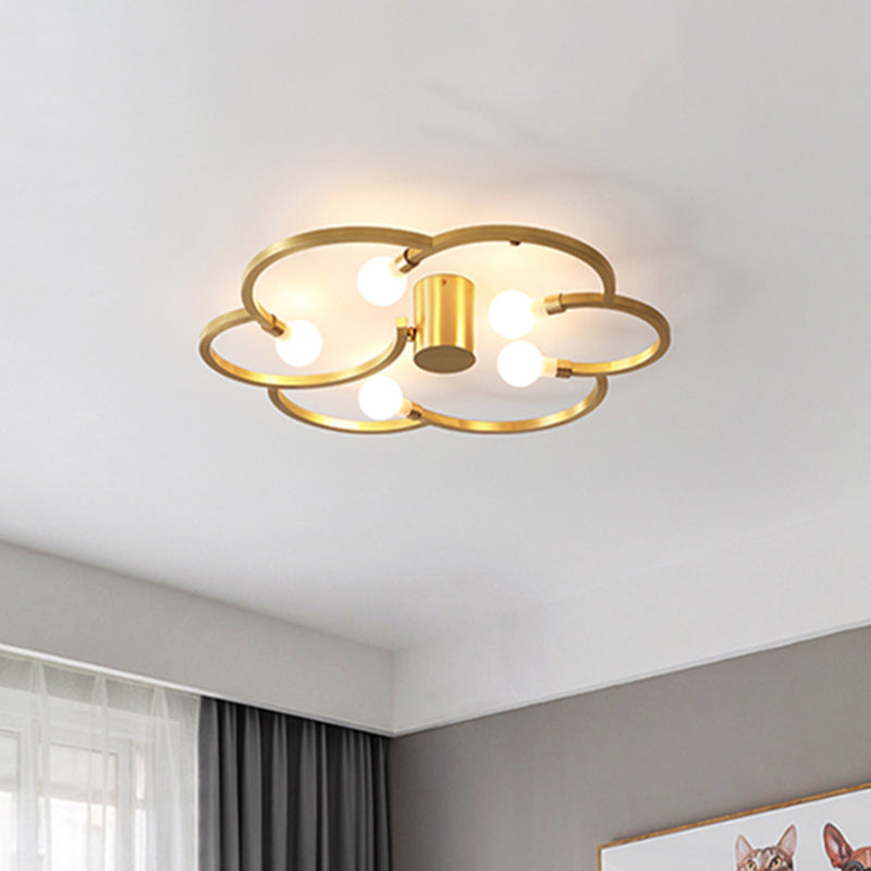 Vintage Flower Cage Iron Semi-Flush Mount Light Fixture For Bedroom - Black/Gold Finish 5 Bulb Bare