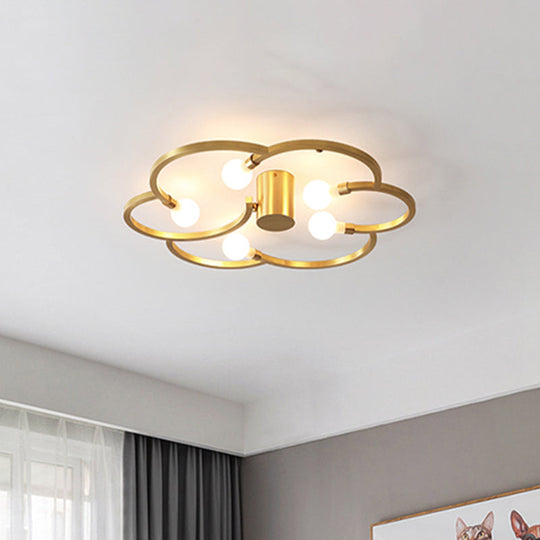 Vintage Flower Cage Iron Semi-Flush Mount Light Fixture For Bedroom - Black/Gold Finish 5 Bulb Bare