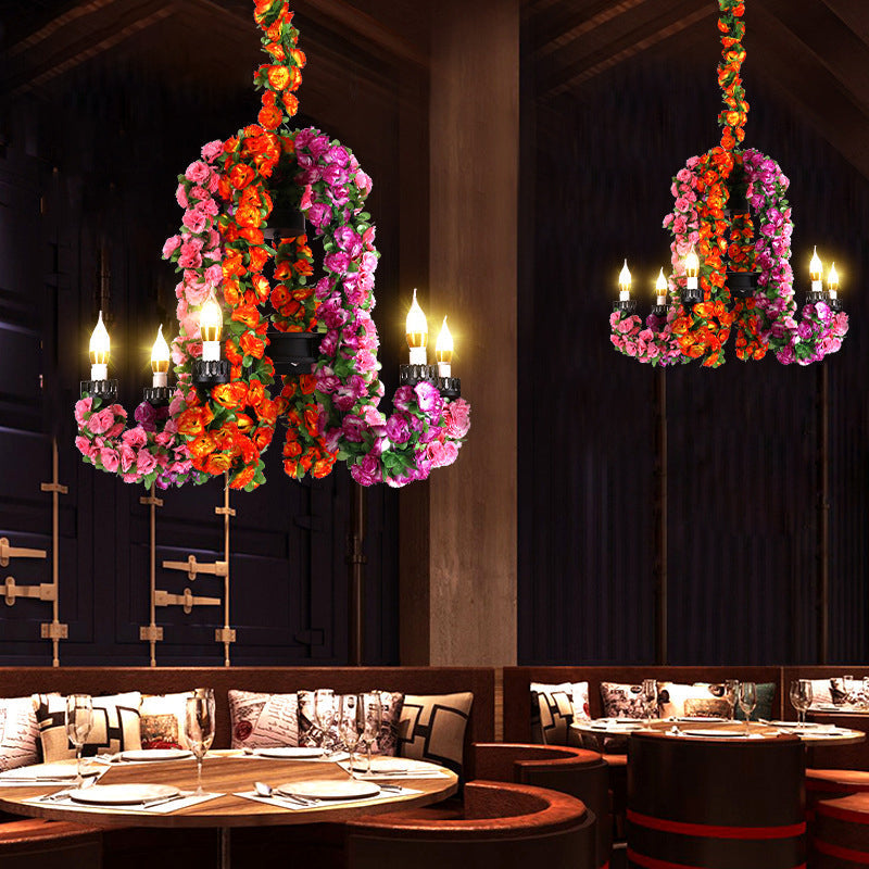 Black Iron 6-Head Candle Chandelier With Floral Decor - Suspended Warehouse Lighting Fixture