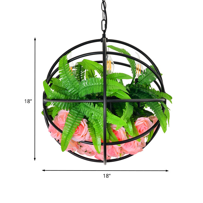 Modern Orb Cage Iron Chandelier With 4 Lights - Elegant Ceiling Hang Fixture In Black Rose And Leaf