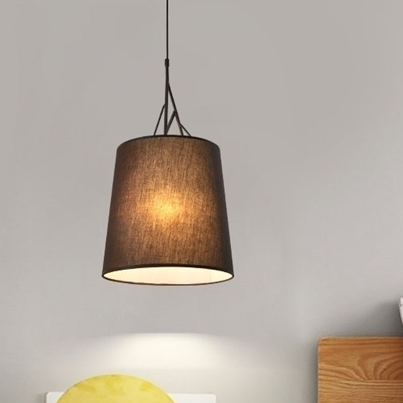 Nordic Single Conic Pendant Lamp - Hand Sewn Fabric Black/White Twig Arm Black