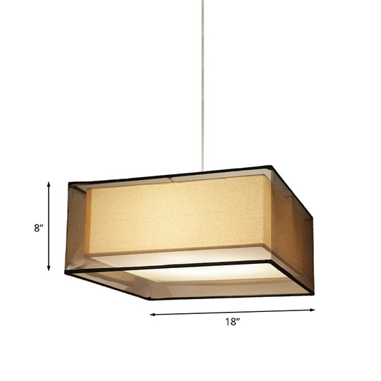 Modern 2-Layer Chandelier: Rectangle/Round Design 3 Bulbs - Flaxen Fabric Dining Room Ceiling Lamp