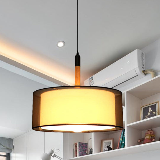 Modern Black Dual Shade Pendant Lamp With Wood Grip - Stylish Fabric Suspension Light