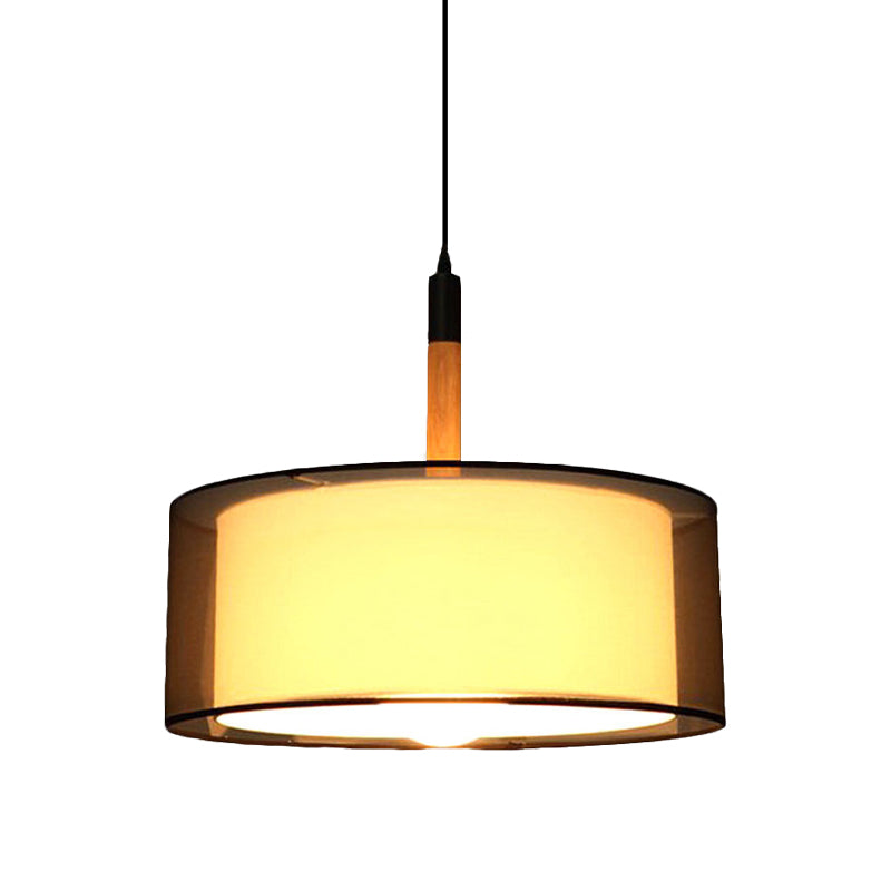 Modern Black Dual Shade Pendant Lamp With Wood Grip - Stylish Fabric Suspension Light