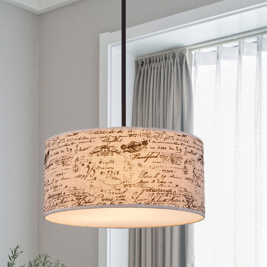 Modern Flaxen Drum Pendant Light With Script Lamp Shade - Available In 12 Or 16 Diameter /