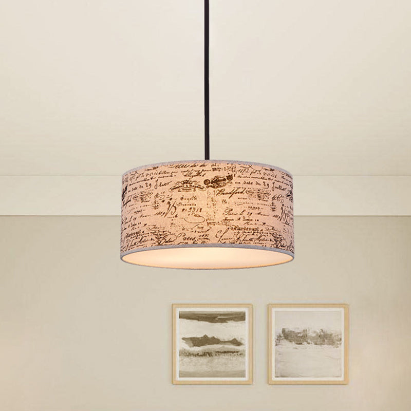 Modern Flaxen Drum Pendant Light With Script Lamp Shade - Available In 12 Or 16 Diameter