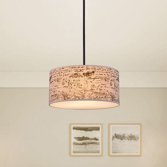 Modern Flaxen Drum Pendant Light With Script Lamp Shade - Available In 12 Or 16 Diameter