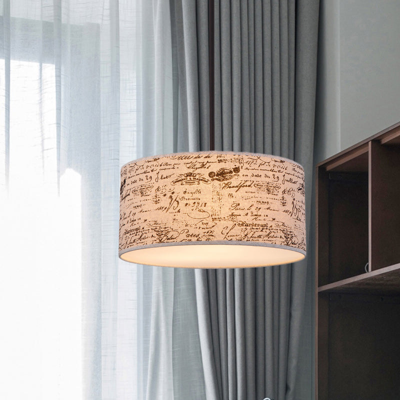 Modern Flaxen Drum Pendant With Script Lamp Shade - 12’/16’ Dia Suspension Lighting