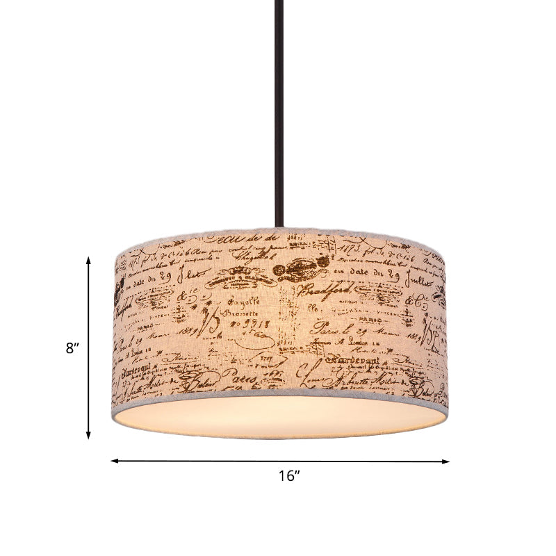 Modern Flaxen Drum Pendant With Script Lamp Shade - 12’/16’ Dia Suspension Lighting
