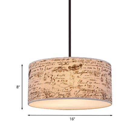 Modern Flaxen Drum Pendant Light With Script Lamp Shade - Available In 12 Or 16 Diameter
