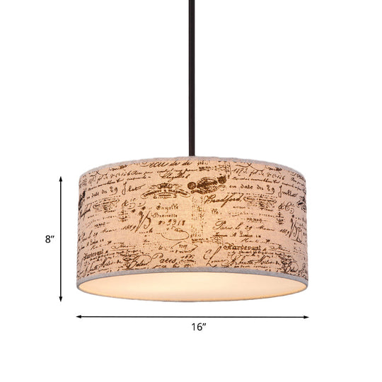 Modern Flaxen Drum Pendant Light With Script Lamp Shade - Available In 12 Or 16 Diameter