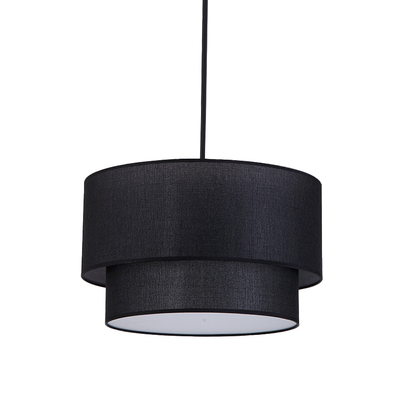 Modern Dual Drum Pendant Ceiling Lamp With Fabric Shade - 1-Head Dinette White/Flaxen/Black Color