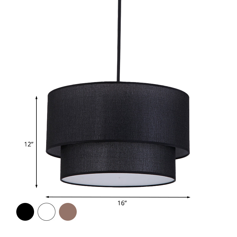 Modern Dual Drum Pendant Ceiling Lamp With Fabric Shade - 1-Head Dinette White/Flaxen/Black Color