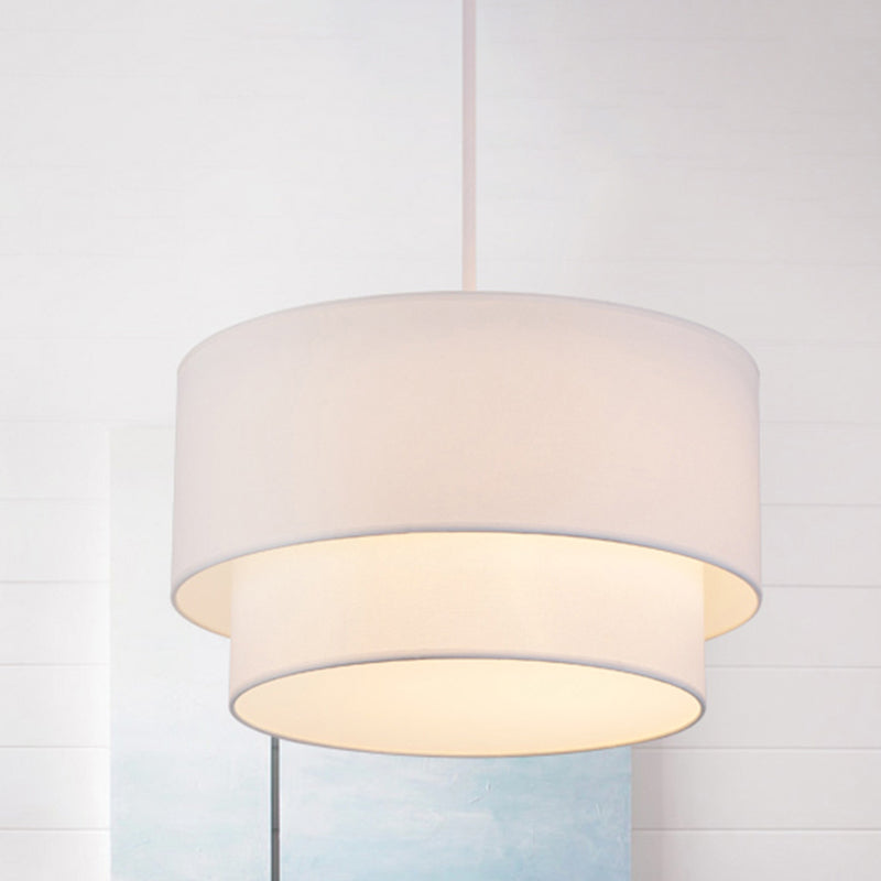 Modern Dual Drum Pendant Ceiling Lamp With Fabric Shade - 1-Head Dinette White/Flaxen/Black Color