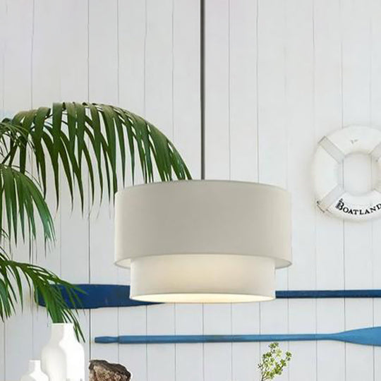 Modern Dual Drum Pendant Ceiling Lamp With Fabric Shade - 1-Head Dinette White/Flaxen/Black Color
