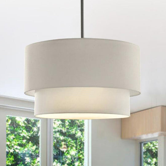 Modern Dual Drum Pendant Ceiling Lamp With Fabric Shade - 1-Head Dinette White/Flaxen/Black Color