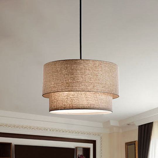 Modern Dual Drum Pendant Ceiling Lamp With Fabric Shade - 1-Head Dinette White/Flaxen/Black Color