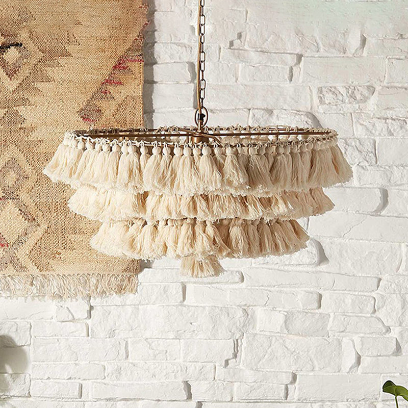 Modernist Pendant Ceiling Light With Hand-Weaved Rope 3-Tier Fringe For Girls Room In Beige