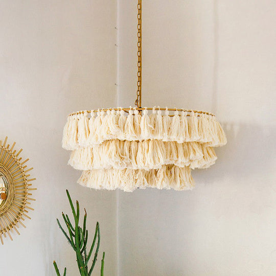 Modernist Pendant Ceiling Light With Hand-Weaved Rope 3-Tier Fringe For Girls Room In Beige