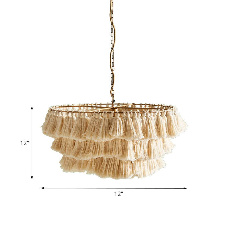 Hand-Weaved 3-Tier Fringe Girl’s Hanging Lamp: Single Beige Pendant Ceiling Light