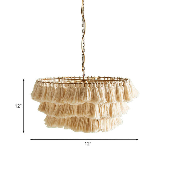 Modernist Pendant Ceiling Light With Hand-Weaved Rope 3-Tier Fringe For Girls Room In Beige