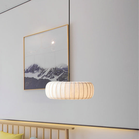 Simple 3-Bulb White Pendant Chandelier With Fabric Ribbed Wheel Design For Table