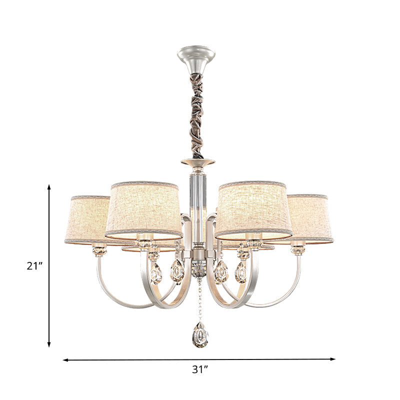 Modern Nickel Swoop Arm Chandelier: 3/6 Lights Metal Drop Lamp With Flaxen Fabric Shade And K9