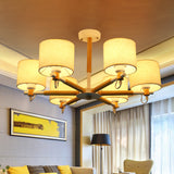 6-Head Nordic Wooden Semi Flush Chandelier With Fabric Shade For Living Room Ceiling Wood