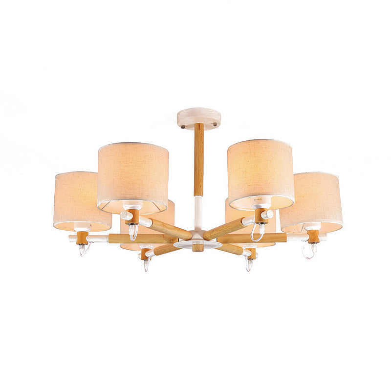 6 - Head Nordic Wooden Semi Flush Chandelier With Fabric Shade For Living Room Ceiling