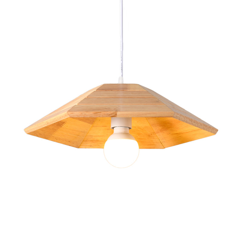 Flare Pendant Ceiling Light: Ridged Wooden Hanging Lamp Kit In Beige - 1-Light Over Table