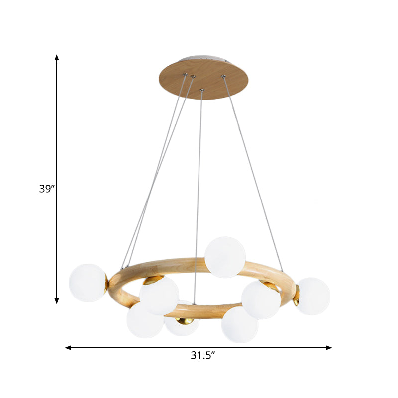 Opal Matte Glass Chandelier With Wood Circle Arm Nordic Design 8 Bulbs Beige Pendant Light