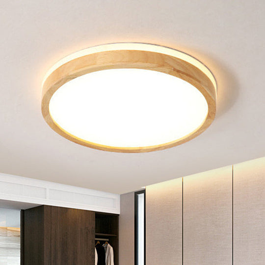 Nordic Beige Led Flushmount Ceiling Light With Wood Tambour Design & Recessed Diffuser -