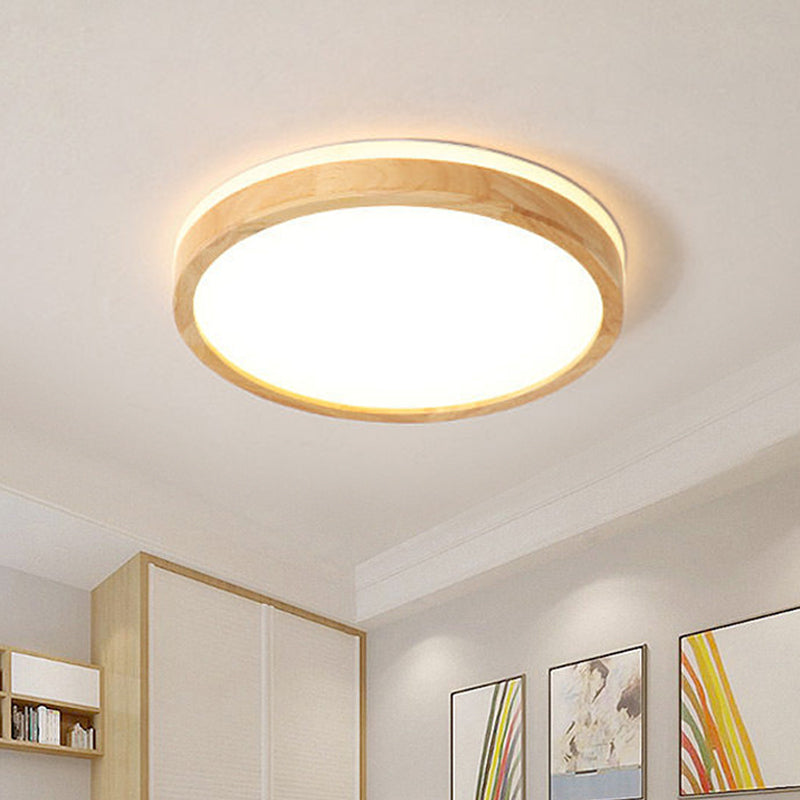Nordic Beige Led Flushmount Ceiling Light With Wood Tambour Design & Recessed Diffuser -