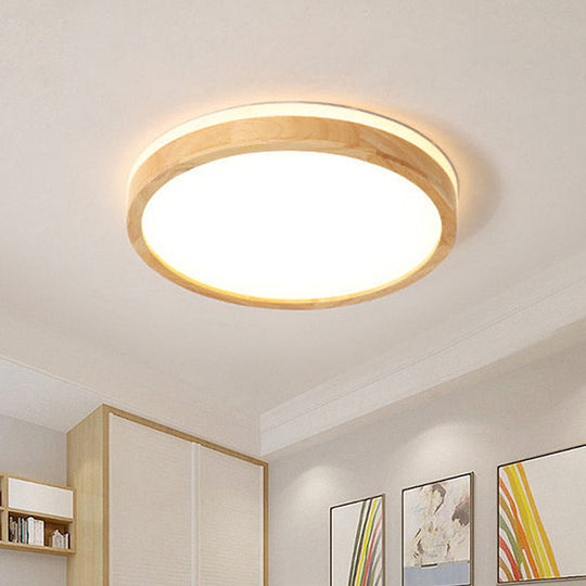 Nordic Beige Led Flushmount Ceiling Light With Wood Tambour Design & Recessed Diffuser -