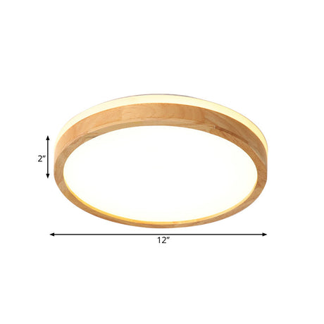 Nordic Beige Led Flushmount Ceiling Light With Wood Tambour Design & Recessed Diffuser -