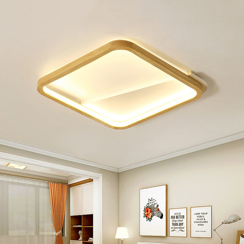 13’/17’ Wide Beige Flush Mount Led Ceiling Light With Wood Frame - Simple Bedroom Fixture