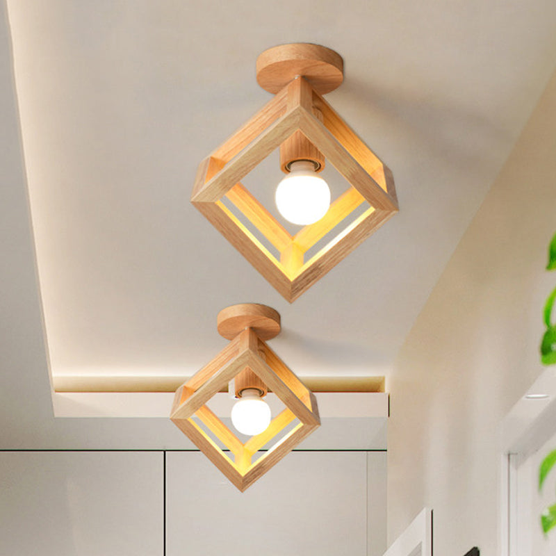 Wooden Cube Cage Semi Flush Nordic Ceiling Light - Beige 1 - Bulb Fixture For Corridor Wood