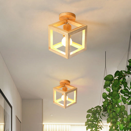 Wooden Cube Cage Semi Flush Nordic Ceiling Light - Beige 1 - Bulb Fixture For Corridor