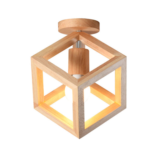 Wooden Cube Cage Semi Flush Nordic Ceiling Light - Beige 1 - Bulb Fixture For Corridor