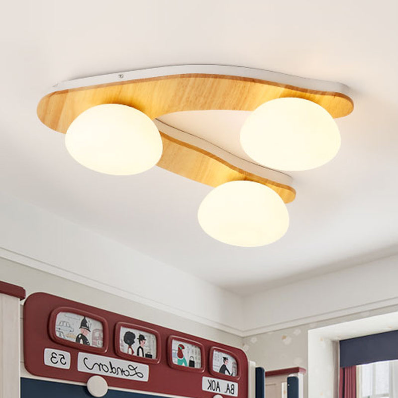 Contemporary 3-Light Wood Beige Ceiling Flush Mount With White Glass Shade