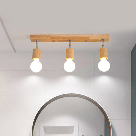 Asian Wood 3-Head Rotatable Flushmount Ceiling Lamp With Bare Bulb Design Modern & Elegant Bathroom