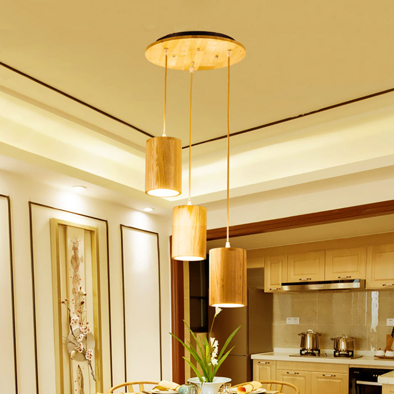 Cottage Wood Pendant Lighting Adjustable Height 3-Head Suspension For Dining Tables