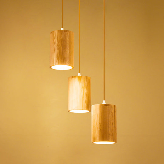 Cottage Wood Pendant Lighting Adjustable Height 3-Head Suspension For Dining Tables