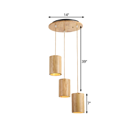 Cottage Wood Pendant Lighting Adjustable Height 3-Head Suspension For Dining Tables