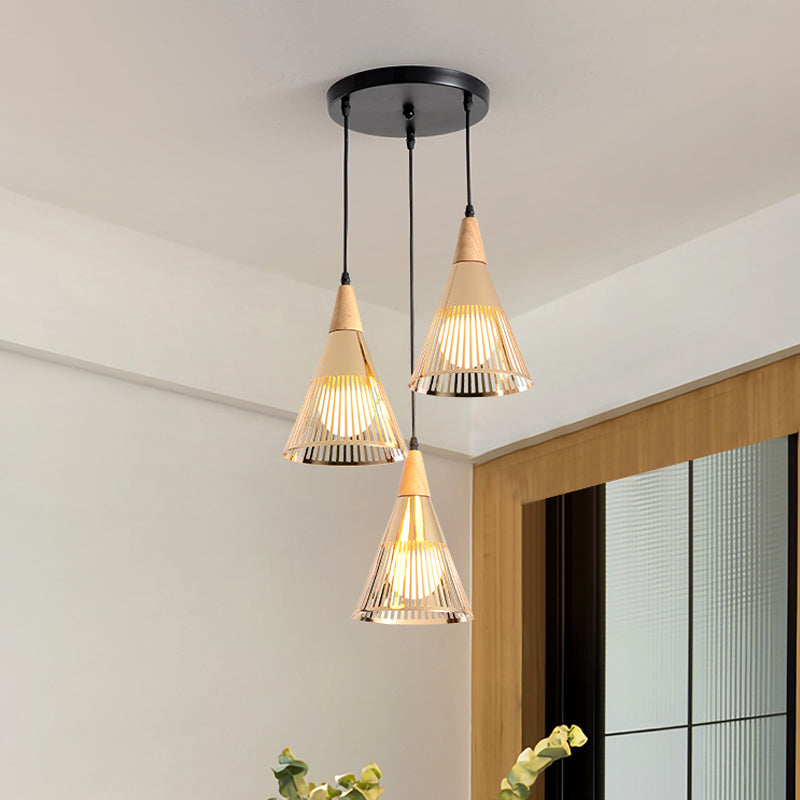 Modern Wooden 3-Light Gold Cage Pendant Ceiling Light