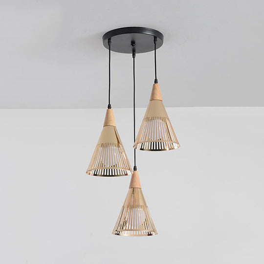Modern Wooden 3-Light Gold Cage Pendant: Deep Cone Design For Stylish Ceiling Lighting