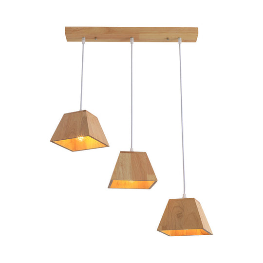 Nordic Wood Trapezoid Pendant With Height Adjustable Multi-Light - 3-Head Ceiling Hanging Fixture
