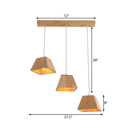 Trapezoid Multi-Light Pendant - Adjustable Nordic 3-Head Ceiling Light Wood Finish